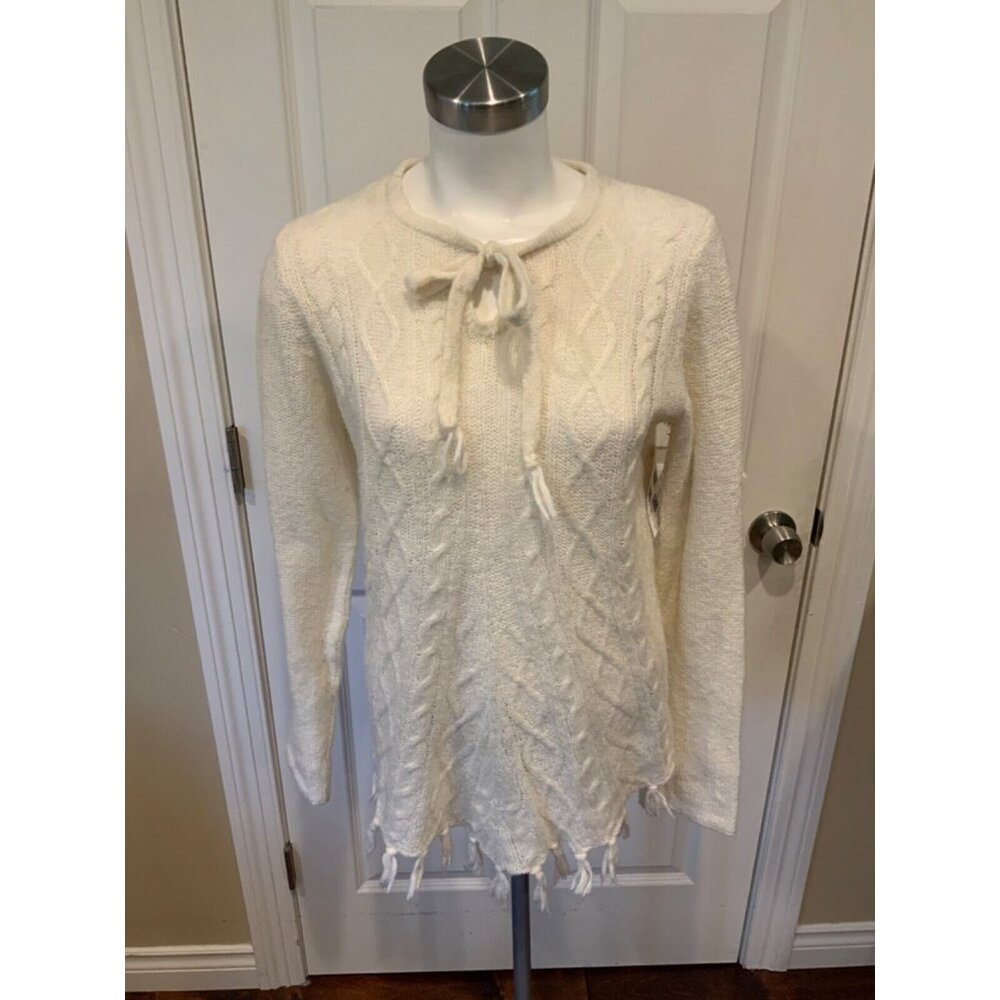 Prana White Cable Knit Tie-Neck Sweater, Size Medium (US)